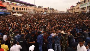 A huge crowd throngs Bada Danda street in Puri to witness the ceremonial procession during the Rath Yatra festival