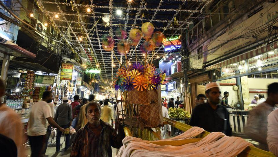 A market in Old Delhi seen decorated during Ramzan and in anticipation of Eid-ul-Fitr in Delhi