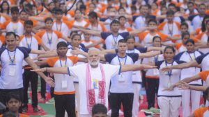 Prime Minister Narendra Modi takes part in a yoga session at Ramabai Ambedkar ground in Lucknow, Uttar Pradesh.