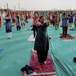 School teachers take part in a yoga practice camp in Ahmedabad, Gujarat on June 08, 2017.