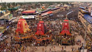 The three chariots outside the gates of the Gundicha Temple in Puri, Odisha