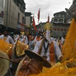 Dhol tasha pathaks during Ganpati procession in Pune. First observed during the Maratha empire set up by Chhatrapati Shivaji in the 16th century, the festival in its present form saw resurgence under Bal Gangadhar Tilak as a rallying ground for people beyond caste and class lines and a means of spreading ideas of nationalism and a sense of unity among the Indian population.