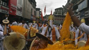 Dhol tasha pathaks during Ganpati procession in Pune. First observed during the Maratha empire set up by Chhatrapati Shivaji in the 16th century, the festival in its present form saw resurgence under Bal Gangadhar Tilak as a rallying ground for people beyond caste and class lines and a means of spreading ideas of nationalism and a sense of unity among the Indian population.