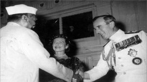 Dr. Rajendra Prasad receives Lord Mountbatten when the Viceroy called in the first President of India.