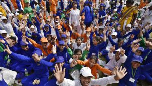 School children take part in the full dress rehearsals at Red Fort ahead of the 71st Independence Day on August 15th.