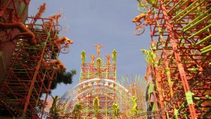 The 33 Pally Durga Puja at Beleghata in Kolkata takes on the theme of the ‘Cycle of Life’ with detailed installations of human figures and colourful cycles looming large over the pandal.