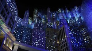 The Badamtala Ashar Sangha Durga Puja in Rashbehari, South Kolkata is a dazzling reproduction of urbanization, cities and concrete landscapes.