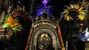At the Hindustan Park Durga Puja, South Kolkata, the pandal is adorned by figures of the Goddess Kali.