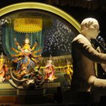 The pandal at Kashi Bose Lane in North Kolkata is themed on music, spanning old and new songs. Taking visitors down memory lane by using music as a theme, artist Pradip Das has also designed the soundscape in detail.