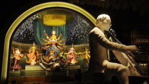 The pandal at Kashi Bose Lane in North Kolkata is themed on music, spanning old and new songs. Taking visitors down memory lane by using music as a theme, artist Pradip Das has also designed the soundscape in detail.