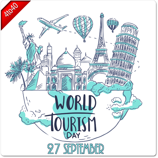 Hand drawn World Tourism Day greeting card with famous landmarks