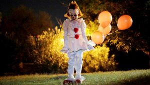 A boy dressed as Pennywise, the dancing clown from the movie ‘It’ poses for a photo during a Halloween party in Ciudad Juarez, Mexico.