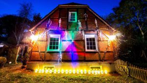 A house decorated with fake skeletons in Germany for the upcoming Halloween celebrations on October 31.
