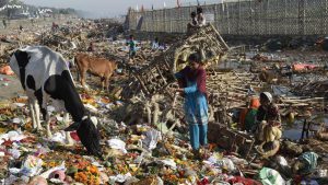 Debris along the Yamuna ghat after immersion of Durga Puja idols near ISBT Kashmere Gate in north Delhi. The National Green Tribunal in 2015 had banned immersion of idols made from non-biodegradable material, such as quick- setting gypsum plaster, also known as Plaster of Paris, or plastic in the Yamuna.