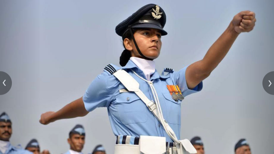 Indian Air Force personnel parade during the 85th Air Force Day celebrations at Hindon Air Force base.
