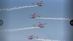 On the 85th anniversary of the Indian Air Force at Hindon Air Base, the ‘Sarang’ Helicopter Aerobatic team showing their skills.