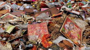 With nearly 200 Durga Puja pandals immersing idols near Delhi-NCR, the river water was clogged with plastic bags, flower petals and pooja material, besides metal structures.