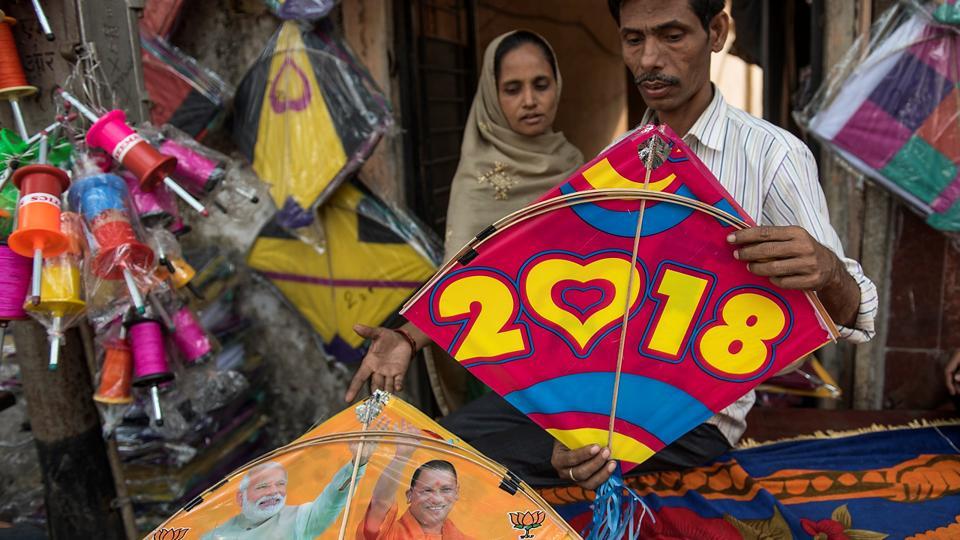 Kites displayed at shops in Masjid Bunder, south Mumbai, for Makar Sankranti, which was celebrated on Sunday, January 14