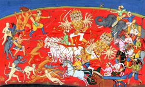 Matali, Rama's charioteer watches the struggle and suggests that "To kill Ravana you must use the dreaded arrow of Brahma, given to you by Agastya, which never misses its target". So Rama shot the divine arrow, which had the power of the gods in it, which pierced Ravana in the heart and killed him.