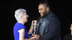 New Zealand weightlifter David Liti receives the David Dixon award for outstanding athlete of the Commonwealth Games