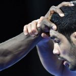 Sushil Kumar wrestles against Canada Jevon Balfour during the mens freestyle 74 kg wrestling match in Carrara Sports Arena Gold Coast