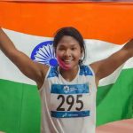 Swapna Barman celebrates after winning the gold medal in the women's Heptathlon event