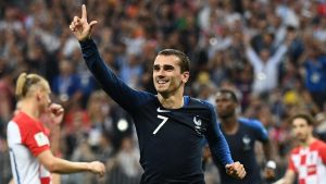 France's forward Antoine Griezmann celebrates after shooting from the spot against Croatia
