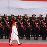 Prime Minister Modi inspects the honour guard. The nation is achieving new heights; it has a new energy, PM Modi said in his address. We are celebrating our independence when our young people have hoisted the tricolour on Mt Everest, he stated.