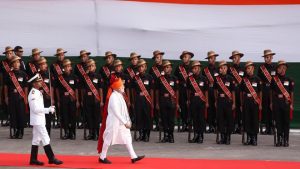 Prime Minister Modi inspects the honour guard. The nation is achieving new heights; it has a new energy, PM Modi said in his address. We are celebrating our independence when our young people have hoisted the tricolour on Mt Everest, he stated.