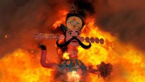 An effigy of Ravana goes up in flames marking the end of Dussehra festival in Jammu