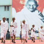 Chennai: Students of a private school dress as Mahatma Gandhi ahead of his birth anniversary, in Chennai, Monday Oct 1,2018.