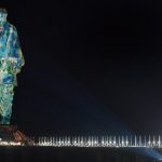 A view of Statue of Unity during a laser show, in Kevadia colony of Narmada district.
