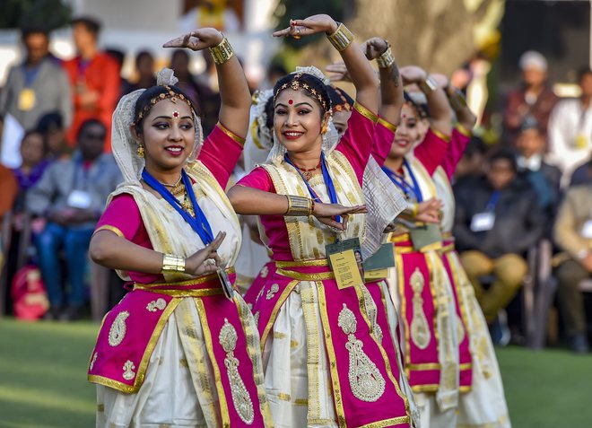 Tableau artists from Assam, who participated on Republic Day Parade 2019, perform during the interaction with Vice President Venkaiah Naidu at his residence, in New Delhi.