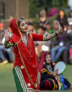 Tableau artists from Jammu & Kashmir, who participated on Republic Day Parade 2019, perform during the interaction with Vice President Venkaiah Naidu at his residence, in New Delhi.