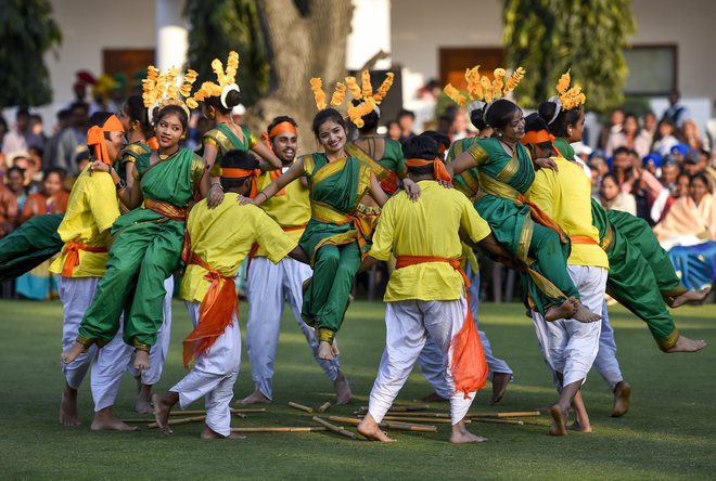 Tableau artists from Maharashtra, who participated on Republic Day Parade 2019, perform during the interaction with Vice President Venkaiah Naidu at his residence, in New Delhi.