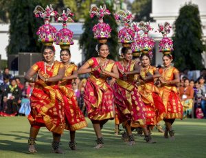 Tableau artists from Tamil Nadu, who participated on Republic Day Parade 2019, perform during the interaction with Vice President Venkaiah Naidu at his residence, in New Delhi, January 28