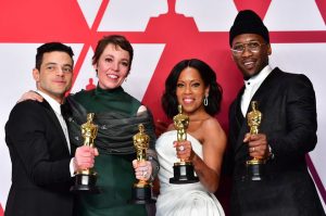 Best Actress for The Favourite; Regina King, winner of Best Supporting Actress for If Beale Street Could Talk; and Mahershala Ali, winner of Best Supporting Actor for Green Book pose in the press room during the 91st Annual Academy Awards at the Dolby Theater in Hollywood, California on February 24, 2019