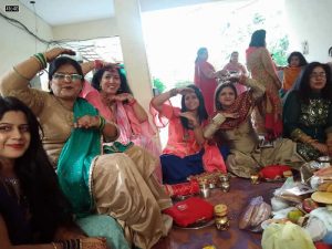 Shubha Seth Madhu Tuli Shally Tuli and Poonam Dutt pose for camera during Karwa Chauth celebrations at Cosy Apartments Sector 9 Rohini New Delhi (October, 2019)