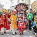 Artists dressed as Hindu deities Shiva, Mata Kali and Hanuman walk as they take part in a religious procession on the occasion of Maha Shivaratri festival, in Amritsar