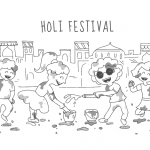 Doodle style illustration happy kids character celebrating Holi festival