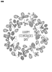 St. Patrick's day floral round composition with inscription and sketch irish clover illustration
