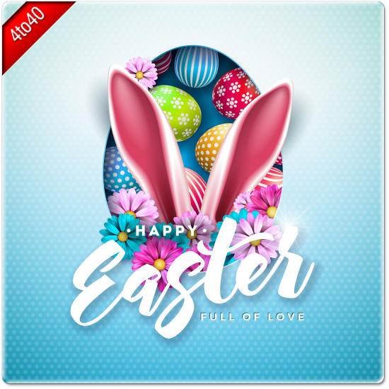 Happy Easter Card with colorful painted eggs and rabbit ears