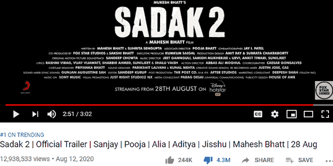 Sadak 2 Trailer: Most Disliked Trailer