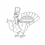 Outlined turkey chef cartoon character holding perfect pie illustration