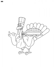 Outlined turkey chef cartoon character holding perfect pie illustration
