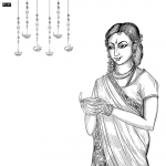 Women hand holding sketch Indian Oil Lamp Diwali