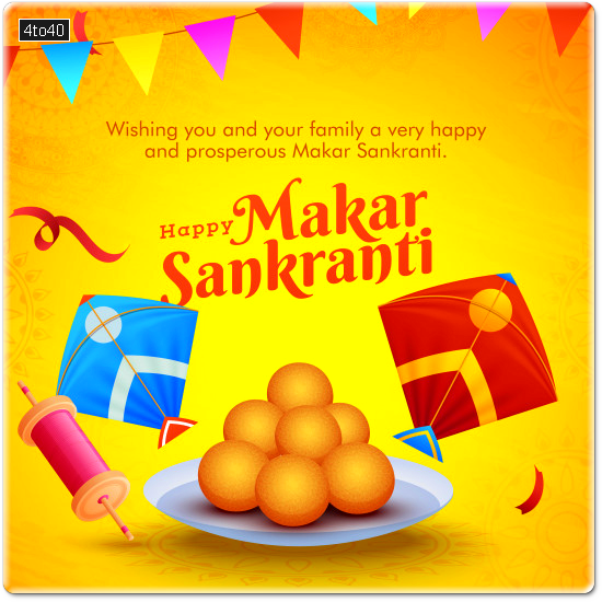 Happy Makar Sankranti Concept With Glossy Kites String Spools Indian Sweet Ladoo