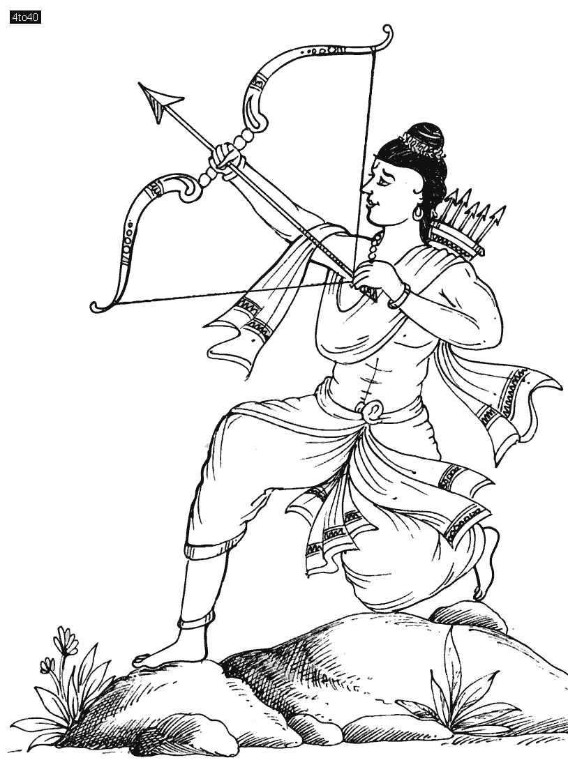 Happy Dussehra festival celebration coloring page with lord Rama holding bow and arrow