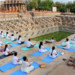 Mehsana School Children perform yoga at sun temple Modhera in Mehsana some of 110 Kms from Ahmedabad