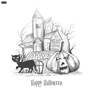 Halloween spooky house sketch pumpkin Coloring Page